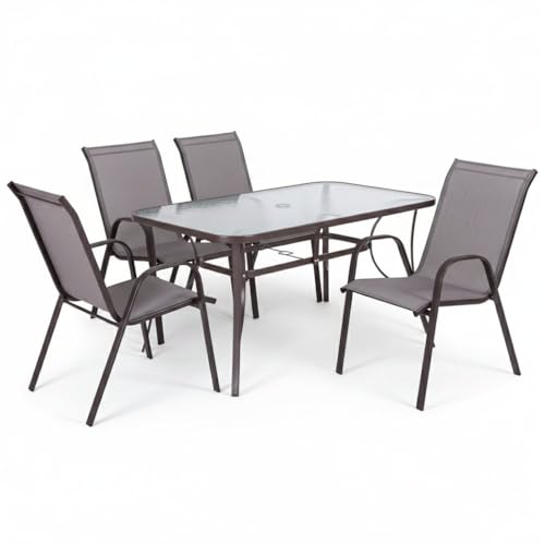 LOLAhome Conjunto Exterior | Mesa 150 cm de Acero y Cristal Templado + 4 Sillas de Textileno Antracita | Resistente: Pintura anticorrosión, Tela Doble | Transpirables, Apliables | Classic