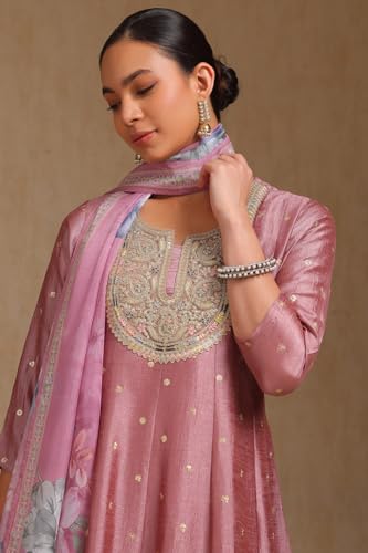 Image of Soch Womens Blush Pink Vichitra Solid Suit Set With Zardosi