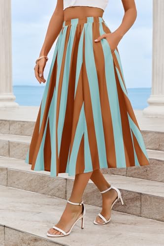 Image of Cicy Bell Womens Summer Striped Maxi Skirts A-Line Beach Vacation Outfits | Elastic Waist, Side Pockets, Flowy, Midi Length, Color Contrast, Trendy Casual