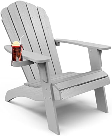 YEFU Oversized Plastic Adirondack Chair with Cup-Holder (Large Dual-Purpose), Weather Resistant, Poly Lumber Outdoor Chairs Duty Rating Widely Used in Patio, Lawn, Outside, Deck, Garden Chairs-Grey
