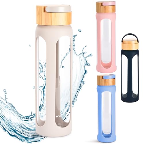 HYDRATE Glass Water Bottles - Leakproof Reusable - Silicone Sleeve, Wide Mouth, Hot & Cold Drinks Safe - BPA Free - Dishwasher Safe - 650ml Glass Bottle - White
