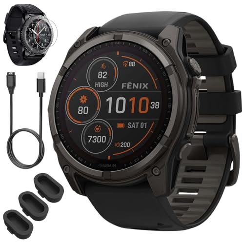 Garmin 010-02906-10 Fenix 8 47mm Smartwatch, Solar Sapphire, Carbon Gray DLC Titanium w/Black/Pebble Gray Band Bundle with Screen Protector, 3X Silicone Dust Cover & USB Type C Charging & Sync Cable