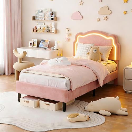 Image of Velvet Upholstered Princess Bed Frame with RGB LED Smart Light, Adjustable Bear Headboard, Wooden Slat Support, No Box Spring Needed, Noise-Free, Easy Assembly, Twin Size for Kids, Twin Pink