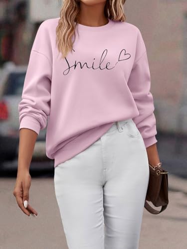 Minetom Pullover Damen Herbst Winter Sweatshirt Rundhals Langarm Pulli Frauen Oberteil Sweatshirts ohne Kapuze A Rosa L
