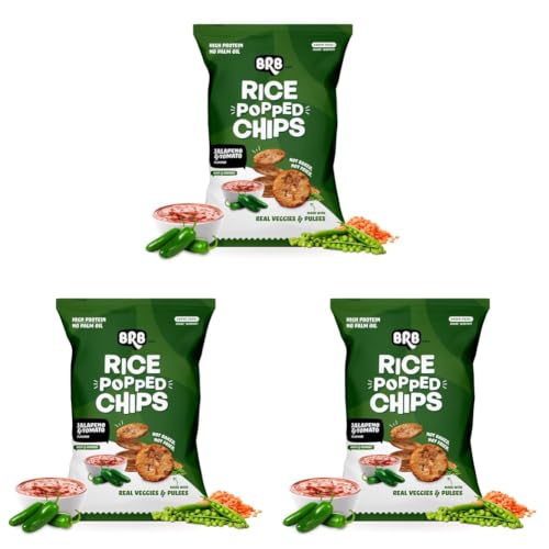 Image of BRB Rice Popped Chips | Jalapeno & Tomato Flavour | Not Fried. Not Baked | High Protein | 50% Less Oil, No Palm Oil, Healthy Snack | 48g /54g Pack (weight may vary) (Pack of 3)