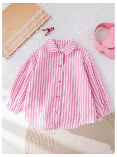 Image of SweatyRocks Girl's Striped Button Down Shirts Lantern Long Sleeve Collared Blouse Pink 5Y
