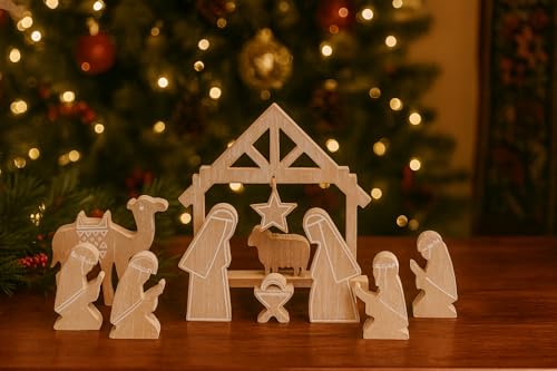 Marco Paul Large Wooden Christmas Nativity Scene Figurine Ornament - Traditional Christmas Decorations Religious Nativity Set Festive Home Decorative Display Tabletop Decor