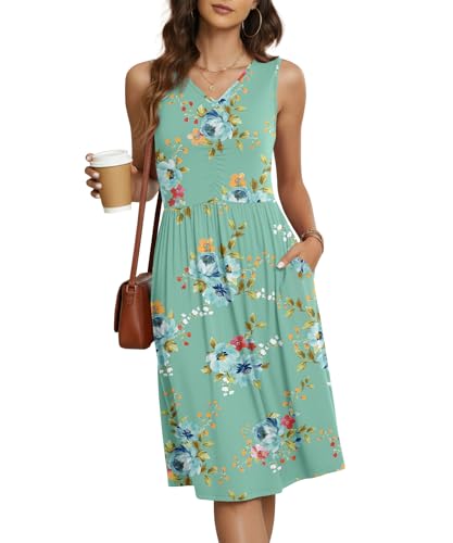 Image of NILOUFO Sleeveless Dress for Women Summer Knee Length Sundress with Pockets | Sundresses for Women Tank Empire Waist Sun Dress Cold Shoulder Casual V Neck Midi Dress Flowy Summer Dresses for Women