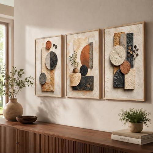 Image of Livin'luxe Set of 3 Geometric Abstract Wall Photo with Frame for Living Room Bedroom Hall Office Decor, Premium Wooden Synthetic Frame Modern Artwork Gift