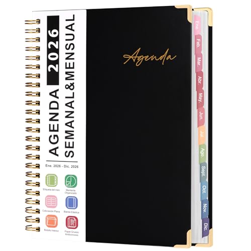 Agenda 2026(Ene.-Dic.), Planificador Español Semanal y Mensual Con Pestañas de Colores | Espiral | Para Oficina Universidad Hogar Gym