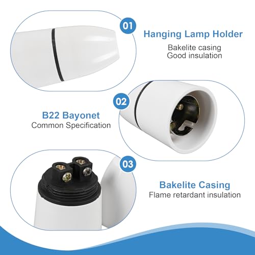 2 Pcs B22 Bayonet Pendant Lamp Holder, White Ceiling Light Fitting, Unswitched for Chandelier, Hanging & Wall Mount, Compatible with B22 LED & CFL Bulbs - AC 220V-240V - Image 3