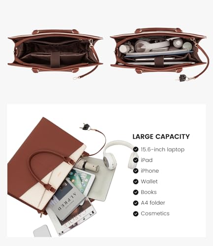 Image of LOVEVOOK Laptop Tote Bag for Women, Leather Business Office Work Bag Computer Briefcase with Small Clutch fit for 15.6 Inch Laptop,Brown-Beige