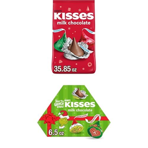 HERSHEY'S KISSES Milk Chocolate, Bulk Christmas Candy 35.85 oz. Bag, and HERSHEY'S KISSES Grinch Milk Chocolate, 6.5 oz Gift Box
