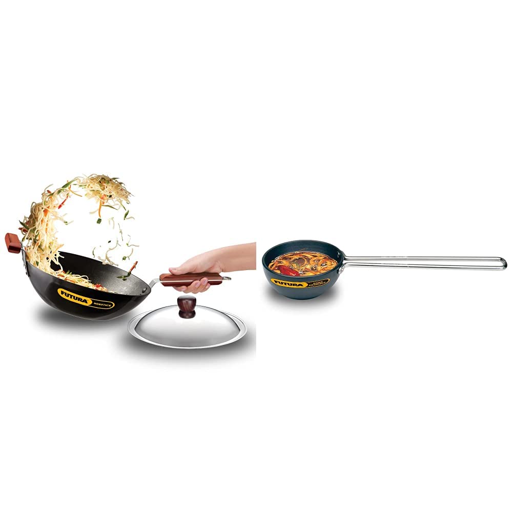 Hawkins Futura Nonstick Induction Compatible Stir-Fry Wok with Stainless Steel Lid, Capacity 3 Litre, Diameter 28 cm, Thickness 3.25 mm & Futura Small Tadka Pan, Hard Anodised Spice Heating Pan