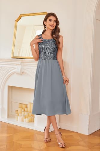Image of GRACE KARIN Formal Wedding Guest Dress Sequin Mother of The Bride Dresses | Two Piece,3 /4 Sleeve,Tea Length,Crew Neck,Fit and Flare,Chiffon,Suitable for Spring /Summer /Fall /Winter /Cocktail /Party /Prom