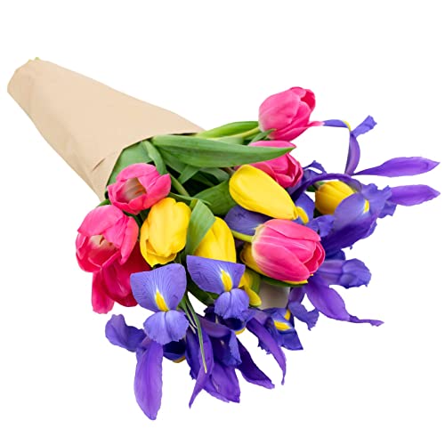 stargazer barn besties bouquet with fresh tulips amp blue iris purple pink yellow fresh flowers 15 count