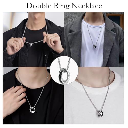 Image of Silver Chain For Man, Anti Tarnish Double-Ring Pendant Necklace, Stylish Accessories For Men, Locket For Men Stylish Suitable For Gift For Valentine'S Day And Anniversaries, Length 60cm