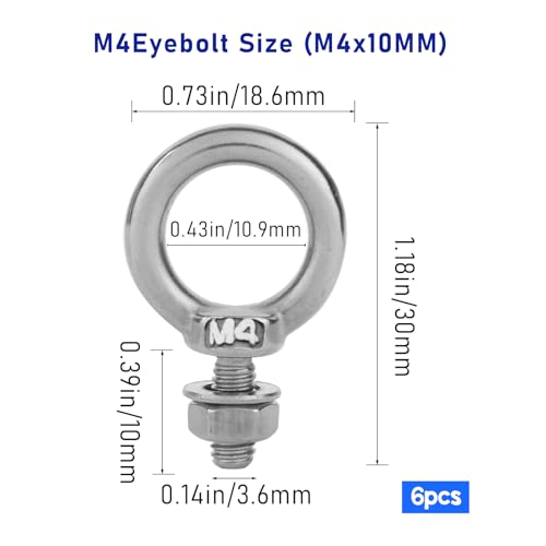 Sliverdew 548238_5_HZHZACKT 6 Pack Eye Bolts With Nuts M4 Screw Eyebolt Stainless Steel Heavy Duty Eye Bolt M4 Male Screw Thread Ring Shoulder Eyebolts thumb #1
