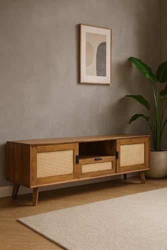 Image of Premium Solid Wood Mid Century Entertainment Center TV Stand for 65 inch TV with Aesthetic Rattan Doors and Drawer, 10 Minutes Assembly (Legs Only), Dark Chocolate Light Honey, for Living Room
