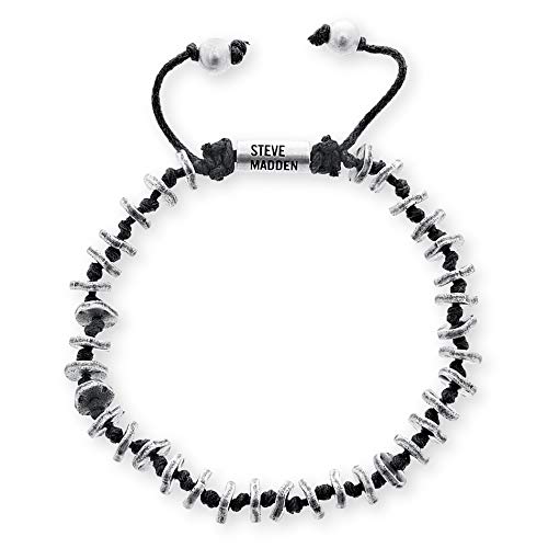 Steve Madden Oxidized Stainless Steel Beaded Adjustable Black Cord Bracelet for Men