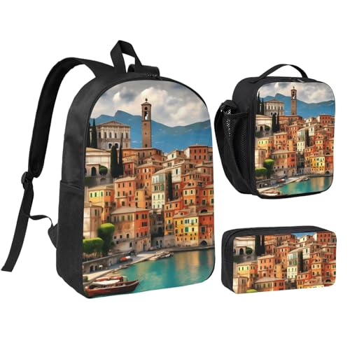 beautiful Italy print Shoulder Bookbags Lunch Bag and Pen Case 17 inches Backpack with Lunch Box, Cute Bookbag Set