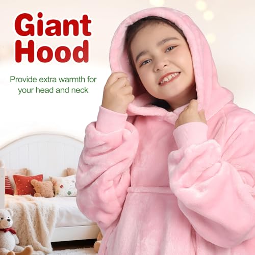 Image of Waitu Wearable Blanket for Kids, Wearable Blanket Hoodie Gifts for Teens Girls and Boys, Warm Blanket Sweatshirt for Teenage, Hoodie Blanket with Sleeves - Bright Pink
