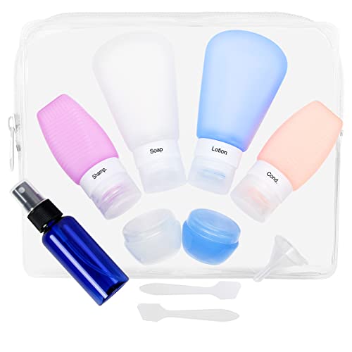 BELICOO Silikon Reiseflaschen Set 10 Stück auslaufsichere Reise Container und Reise Waschanzug Geeignet für Shampoo, Lotion, Conditioner, Duschgel und Körperpflege Transparent Kulturbeutel Cover