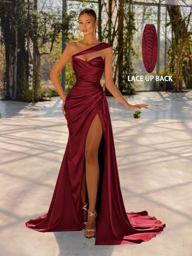 One Shoulder Satin Prom Dresses for Women Long Mermaid Ball Gown High Slit Corset Wedding Guest Formal Evening Dresse MR622