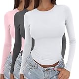 Langarmshirt weiß Damen,Pack of 3 Basic Long Sleeve Shirt Women's Y2K Top Slim Fit Tight Black White Crew Neck Undershirt Elegant Sexy Tops Cropped Casual Going Out Athletic Top Teenager Streetwear