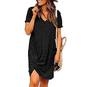 Locryz Womens Mini Dress Short Sleeve V Neck Side Knot Casual T Shirt Dress XL Black