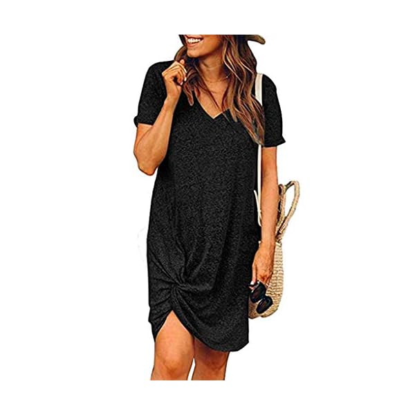 Locryz-Womens-Summer-Twist-Knot-Tshirt-Dresses-Casual-V-Neck-Short-Sleeve-Knot-Dress Locryz Womens Mini Dress Short Sleeve V Neck Side Knot Casual T Shirt Dress XL Black