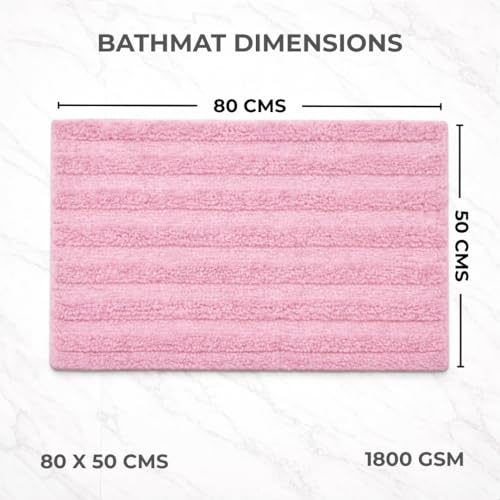 Image of Premium Combed Cotton Tufted Bathmat 50 x 80 cm, 1800 GSM Soft Absorbent Anti Skid Bathroom Floor Mat with Latex Backing, Quick Dry Non Slip Bath Rug for Shower & Daily Use, Stripes Rose