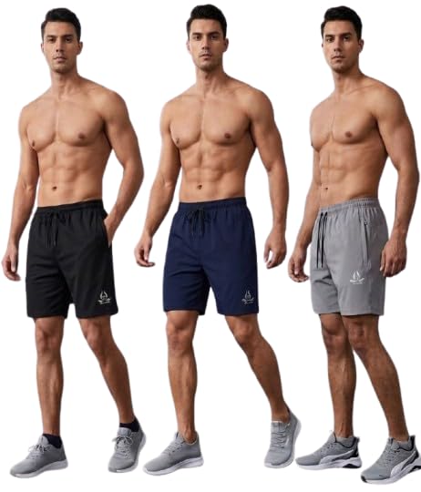 men's gym shorts, pack of 3, black, navy blue & grey, drawstring waist, workout training