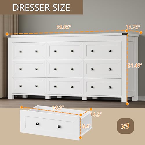 Image of BORNOON 9-Drawer Dresser, Modern Wooden Storage Chest of Drawers, Dresser TV Stand, Wood Drawer Organizer with Metal Handles for Bedroom, Living Room, Hallway