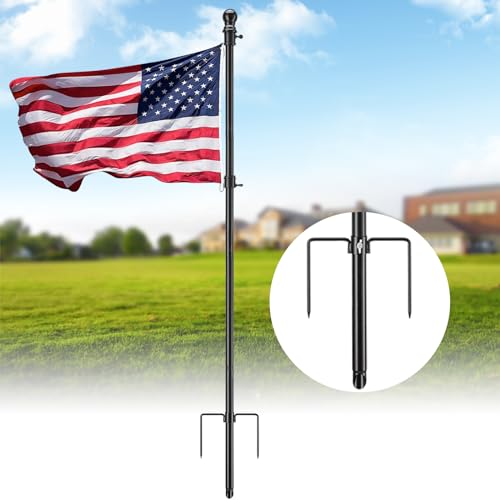 cogardenshower Heavy Duty Ground Flag Pole Kit - 8.5FT Tangle Free Inground Flagpole with Windproof Prong Portable Flag Pole for Outside House Yard Garden Outdoor - Black