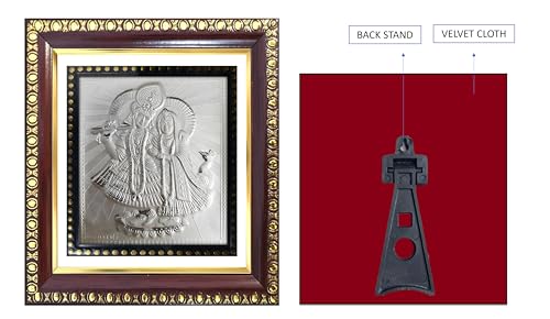 Image of ARTSMINE - 999 Pure Silver Radha Krishna Frame - Pure Silver Sheet with Purity Certificate | Pooja Room, Home & Office Decor | Wedding, Corporate & Housewarming Gift | Handcrafted Table Top & Wall Mount - 1 Unit (14 x 12.5 CM / 5.5 x 5.0 Inch)