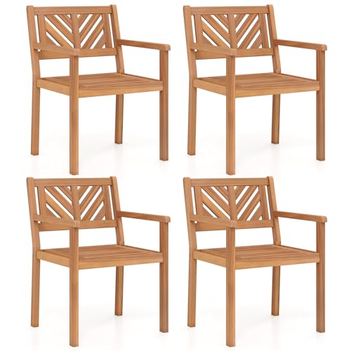 Tangkula Acacia Wood Patio Dining Chairs Set of 4 Outdoor Dining Chairs with 400 lbs Capacity Teak Finish Heavy-Duty Wooden Armchairs for Porch Deck Backyard & Balcony