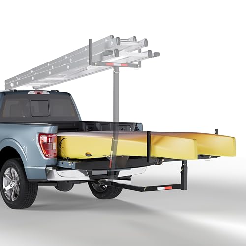 ECOTRIC 750lbs Capacity Black Truck Bed Extender Pickup Truck Bed Hitch Mount Extension Rack SUV Lumber Ladder Canoe Boat Kayak Long Pipes w/Flag - Powder Coated Steel