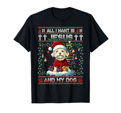Maltese Christmas Tree Lights Decorations Dog Lover Xmas T-Shirt