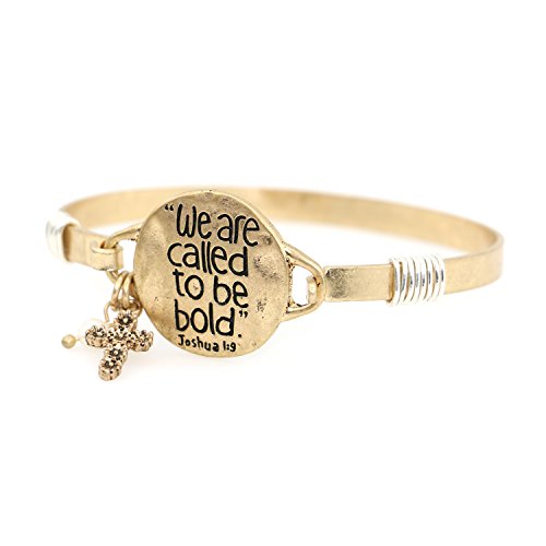 Image of inchWe are Called to be Bold inch Joshua 1:9 Beautiful Christian Bangle Bracelet with Wire Design and Cross Charm and Pearl Bead (Worn Gold)