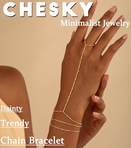 CHESKY 14K Gold Plated Hand Chain Bracelets for Women Set - Dainty Finger Ring Bracelet Stack Adjustable Thin Hand Chains Durable Bracelets Trendy Simple Body Jewelry Gift for Women