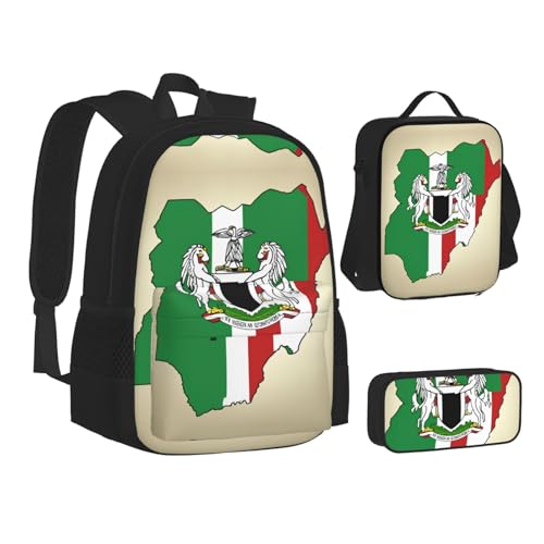 Nigeria Flag Map With Horse Pattern Print 3-Piece Set Backpack, Lunch Bag And Pencil Case, For Travel, College, And Daily Use2