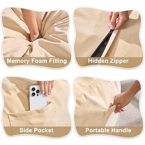 Image of Hobestluk Giant Bean Bag Chairs 6FT Oversized BeanBag Chair for Adult Jumbo | Memory Foam,Washable Cover,Velvet Fabric,Storage Pocket,Portable Handle,Durable Round Bean Bag Bed for Adults | Khaki 6FT