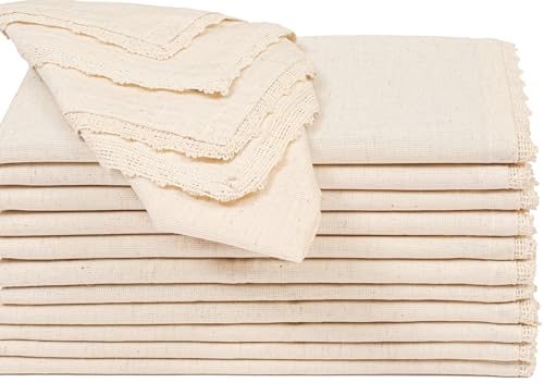 Image of Lightnpro Cloth Dinner Napkins in Cotton Flax Fabric with Lace & Tailored Mitered Corners - 18x18 Inch Set of 12, Wedding, Baby Shower & Cocktail Napkin, Machine Washable Fabric Napkins Natural Color