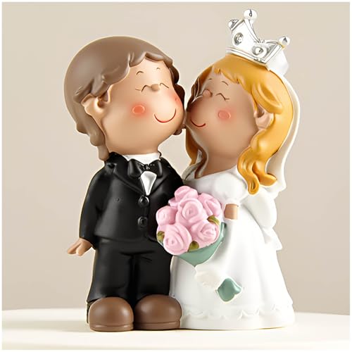 Bride and Groom Wedding Cake Topper – Cute Resin Couple Figurine for Wedding Cake Decoration, Just Married Celebration