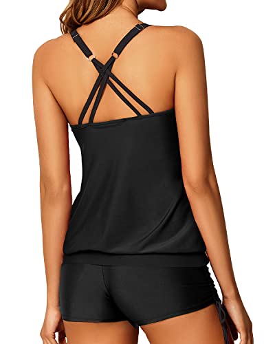 Yonique Womens Blouson Tankini Swimsuits Two Piece Strappy Bathing Suit Tops With Shorts Criss Cross Swimwear Black Xl #TOP3