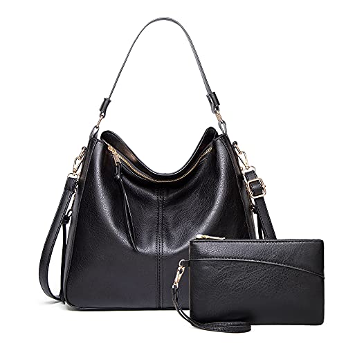 Bolsa feminina de couro PU Boston de ombro, bolsa mensageiro casual fashion (Preto + carteira)