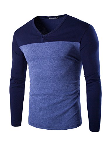 uxcell Men's V-Neck Color Block Long Sleeve Paneled T-Shirt Blue L US 44