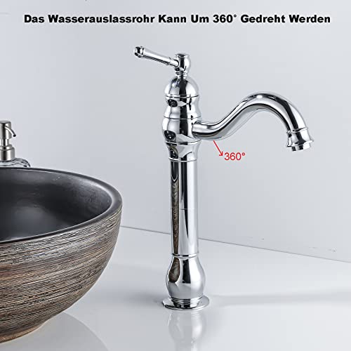 FWZZQ Wasserhahn Bad Hoch Retro, Waschtischarmatur Chrom, 360°Drehbar Armatur Waschbecken, Einhebel Mischbatterie Badarmatur aus Messing Hoher Auslauf für Badezimmer