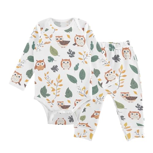 vvfelixl Baby Bodysuits Pants Sets Lovely Owl Bird Leaves Baby Bodysuit Long Sleeve Baby Clothes for Boys Girls 12-18M